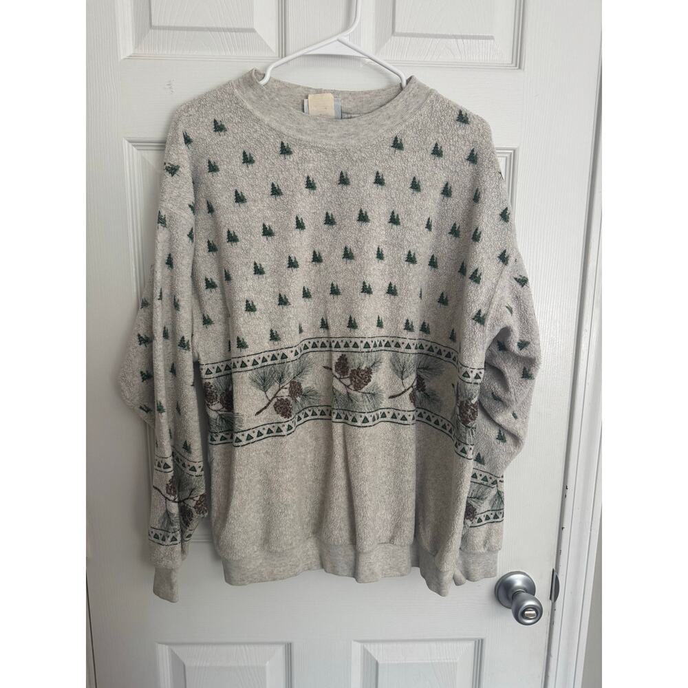 Vintage Winter Pine Tree Cone Long Sleeve Shirt Sz: XL USA made